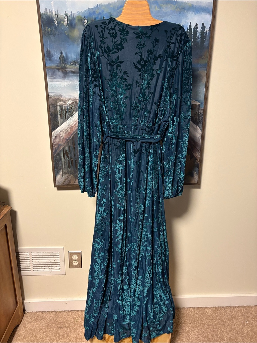 Dark Teal Floral Wrap Maxi Dress with Self-Tie Waist - Picture 5 of 5